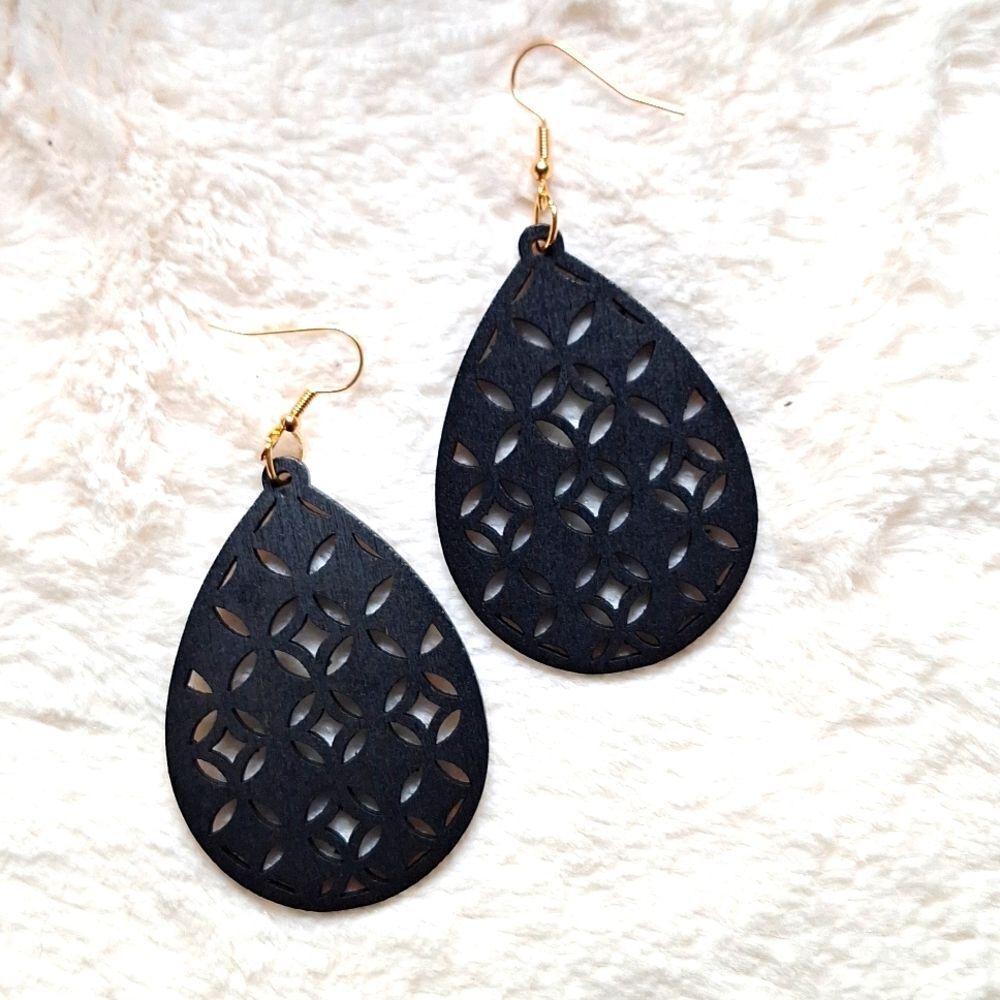 Black wood hollowed out tear drop earrings